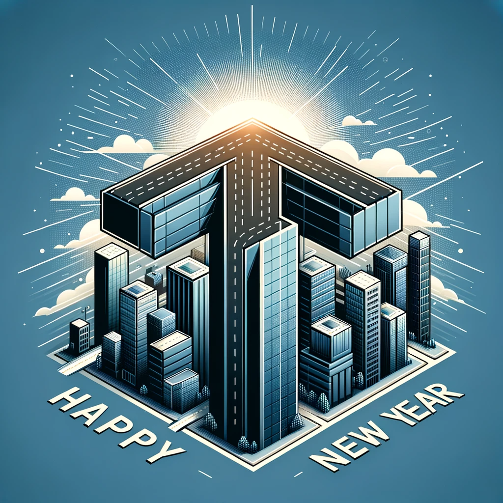 DALL·E 2023 12 31 15.43.04 Refine the New Year greeting image by making the cube based T more obvious and prominent. The 